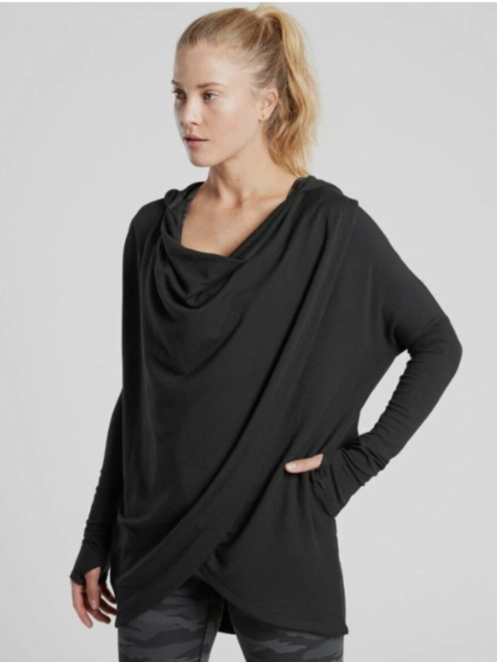 Athleta Black Draped Cowl Neck Hoodie
